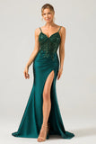 Dark Green Mermaid Sequin Pleated Corset Prom Dress With Slit
