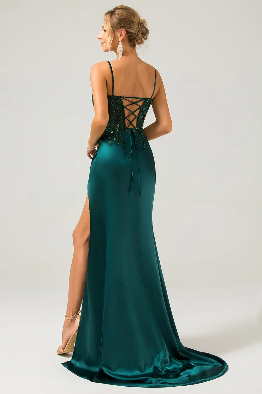 Dark Green Mermaid Sequin Pleated Corset Prom Dress With Slit