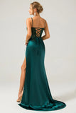 Dark Green Mermaid Sequin Pleated Corset Prom Dress With Slit