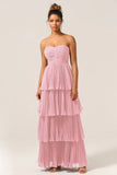 Burgundy A-Line Sweetheart Tiered Floor Length Chiffon Bridesmaid Dress