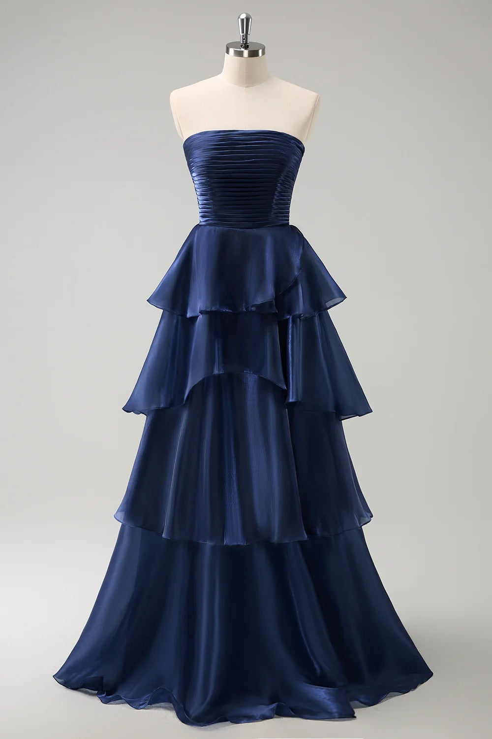Dark Navy Strapless Tiered A Line Long Bridesmaid Dress