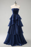 Dark Navy Strapless Tiered A Line Long Bridesmaid Dress