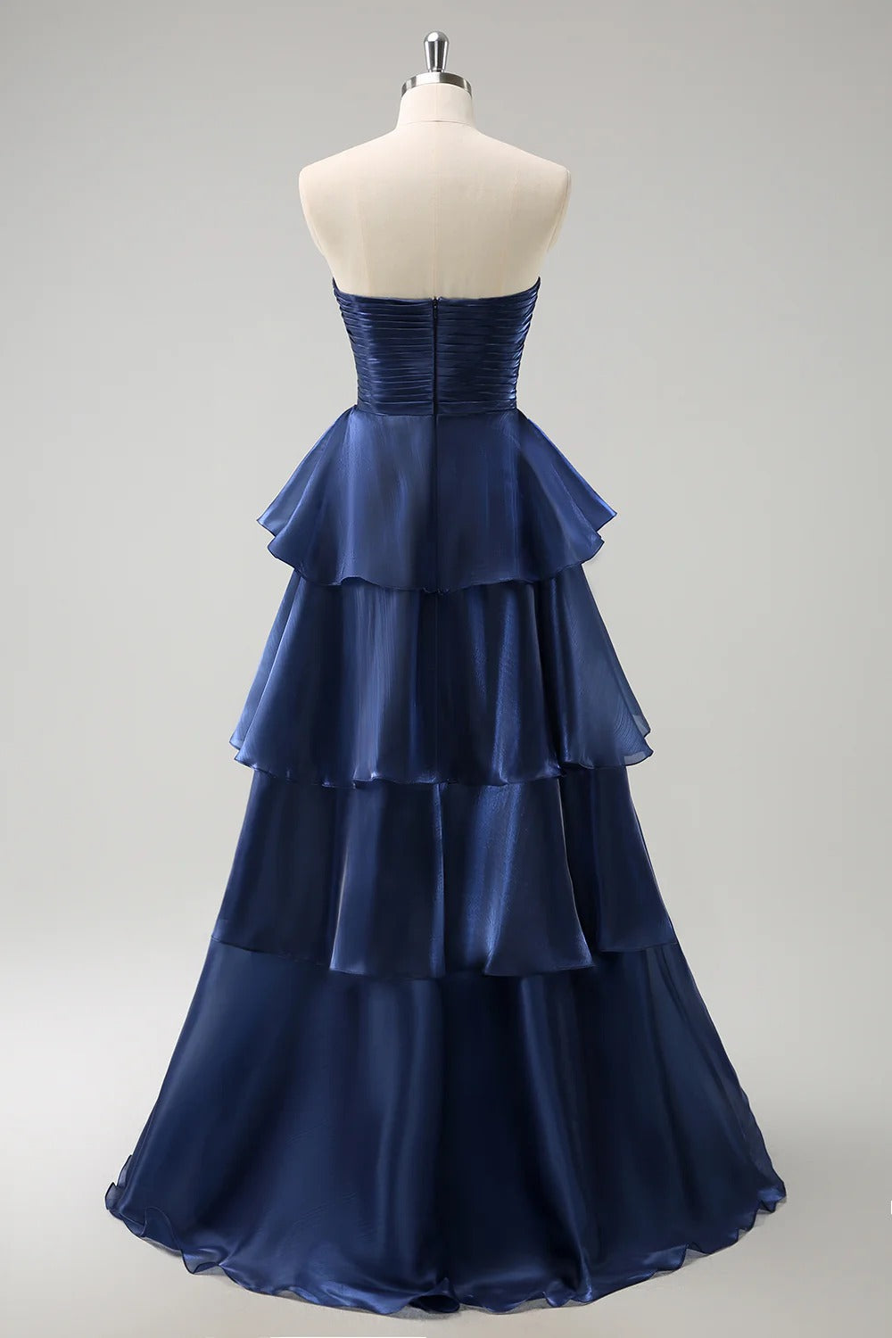 Dark Navy Strapless Tiered A Line Long Bridesmaid Dress