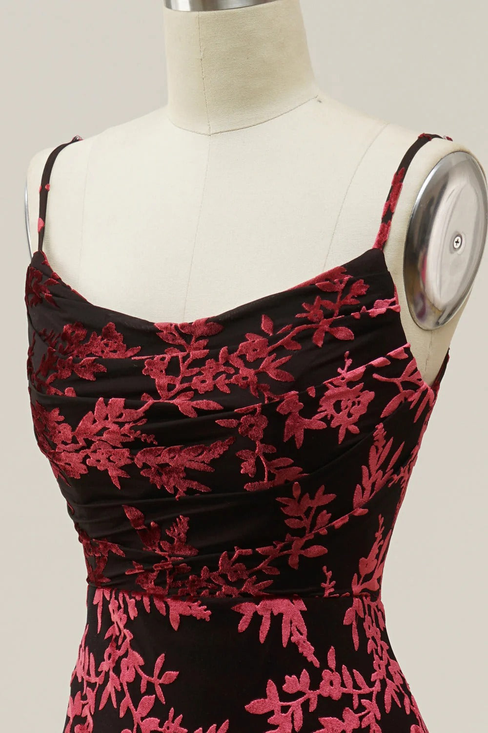 Sheath Spaghetti Straps Velvet Burnout Burgundy Bridesmaid Dress
