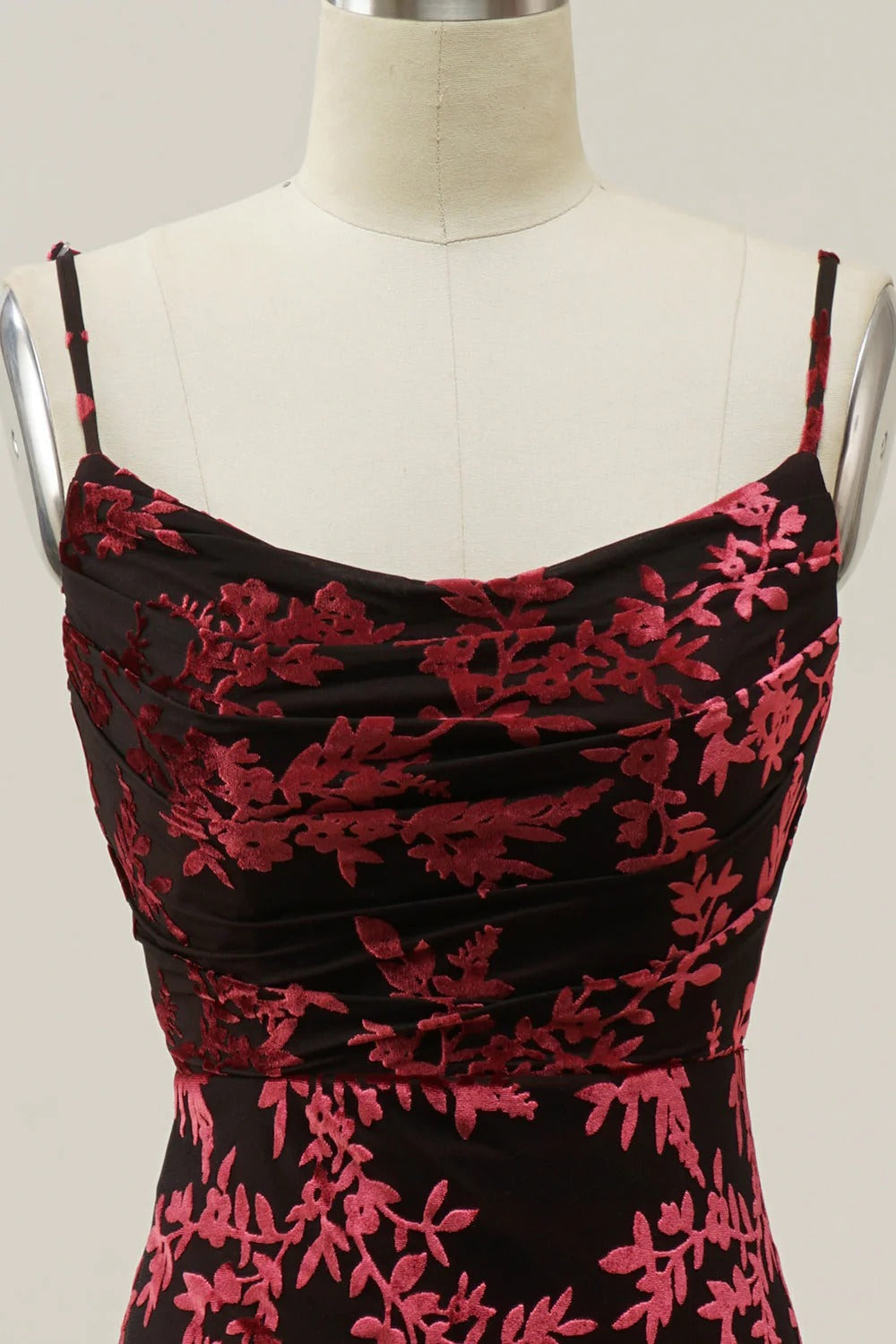 Sheath Spaghetti Straps Velvet Burnout Burgundy Bridesmaid Dress