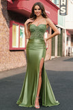 Sage Mermaid Spaghetti Straps Lace-up Back Prom Dress With Slit