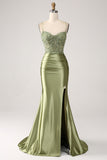 Mermaid Sage Spaghetti Straps Slit Prom Dress With Lace-up Back