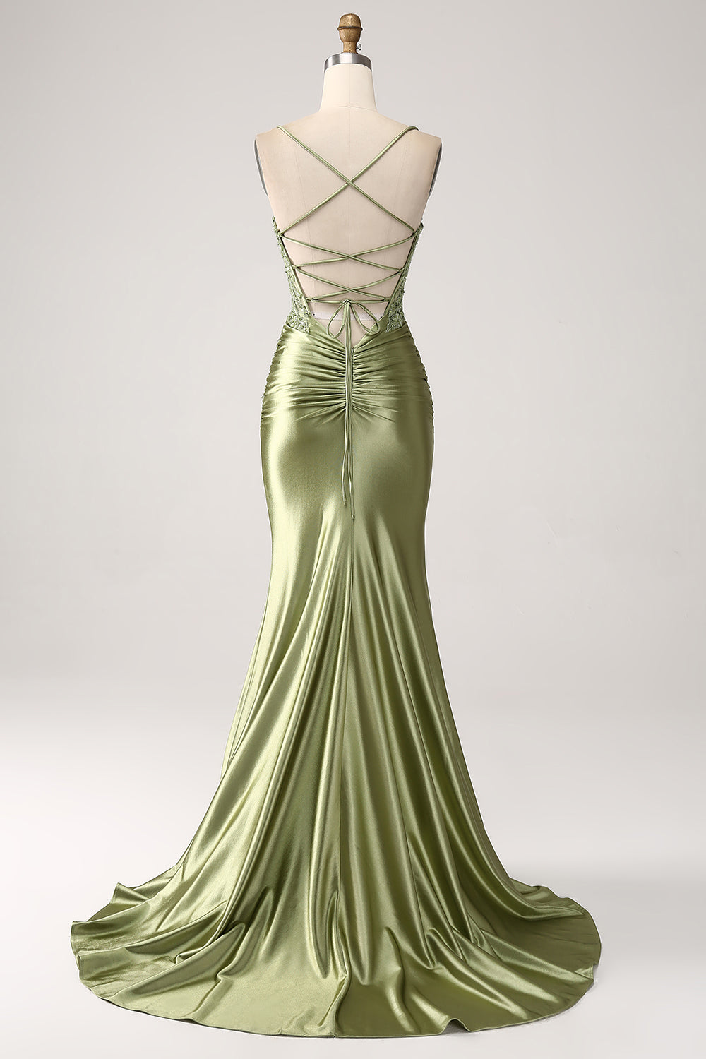 Mermaid Sage Spaghetti Straps Slit Prom Dress With Lace-up Back