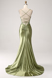 Mermaid Sage Spaghetti Straps Slit Prom Dress With Lace-up Back