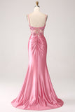 Mermaid Spaghetti Straps Sequin Corset Pink Prom Dress with Slit