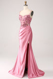 Mermaid Spaghetti Straps Sequin Corset Pink Prom Dress with Slit