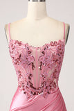 Mermaid Spaghetti Straps Sequin Corset Pink Prom Dress with Slit
