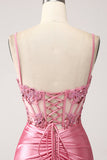 Mermaid Spaghetti Straps Sequin Corset Pink Prom Dress with Slit