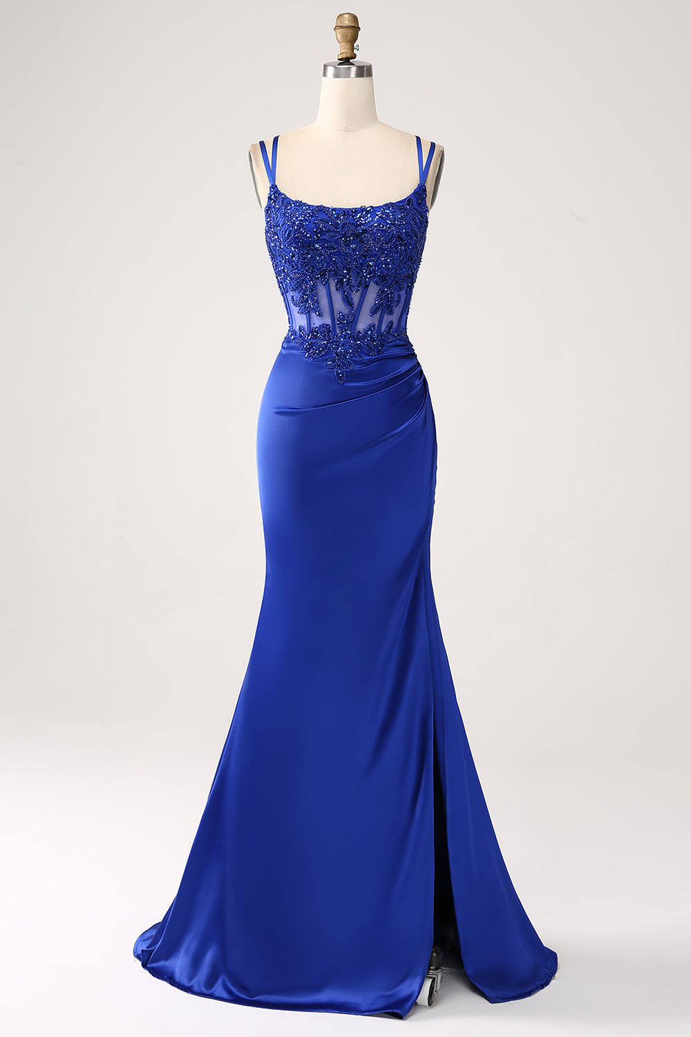 Mermaid Corset Beaded Royal Blue Long Prom Dress with Slit
