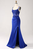 Mermaid Corset Beaded Royal Blue Long Prom Dress with Slit