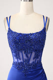 Mermaid Corset Beaded Royal Blue Long Prom Dress with Slit