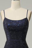 Navy Mermaid Spaghetti Straps Beaded Prom Dress with Split