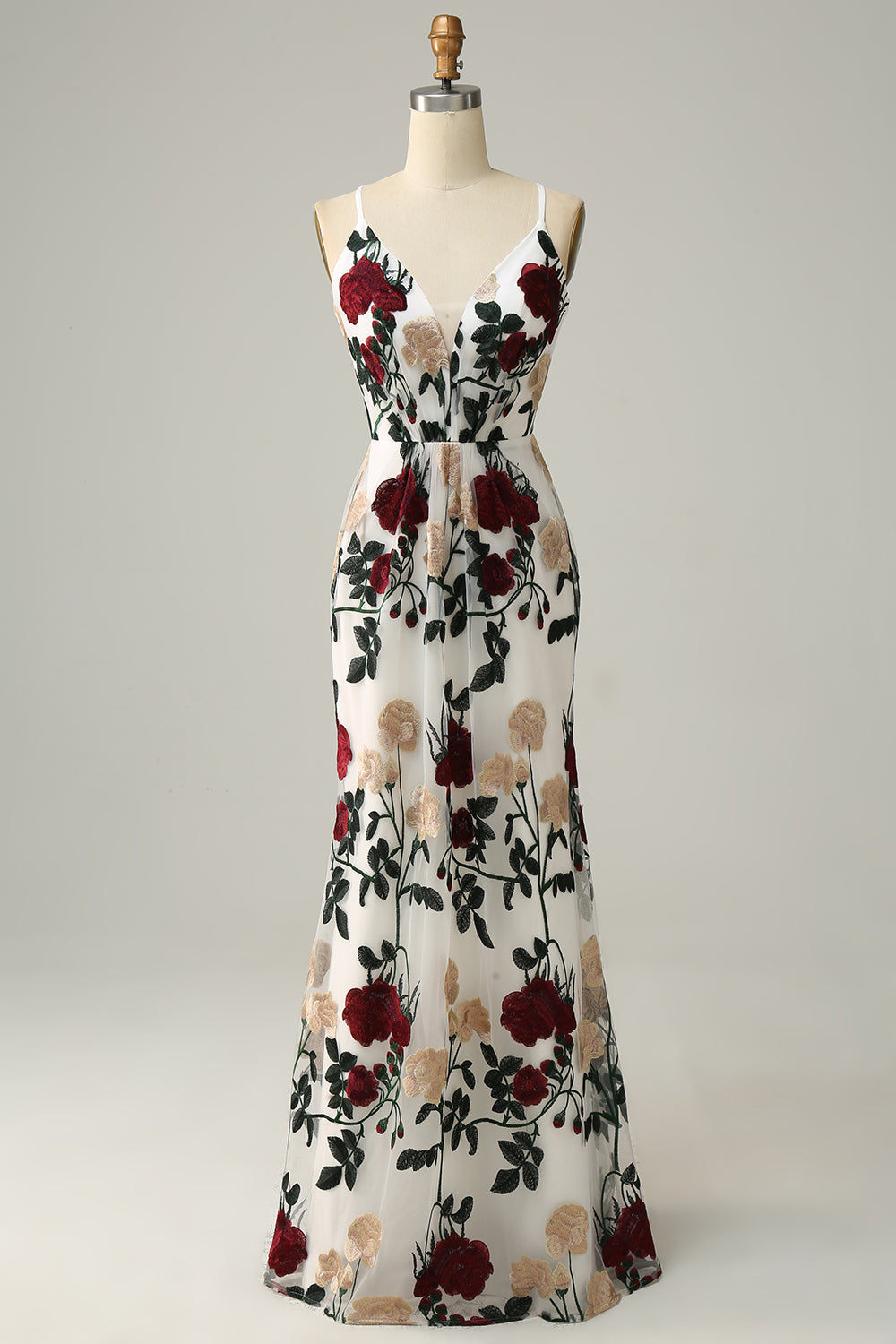 Mermaid Spaghetti Straps Flower Embroidery Floor-Length Party Dress