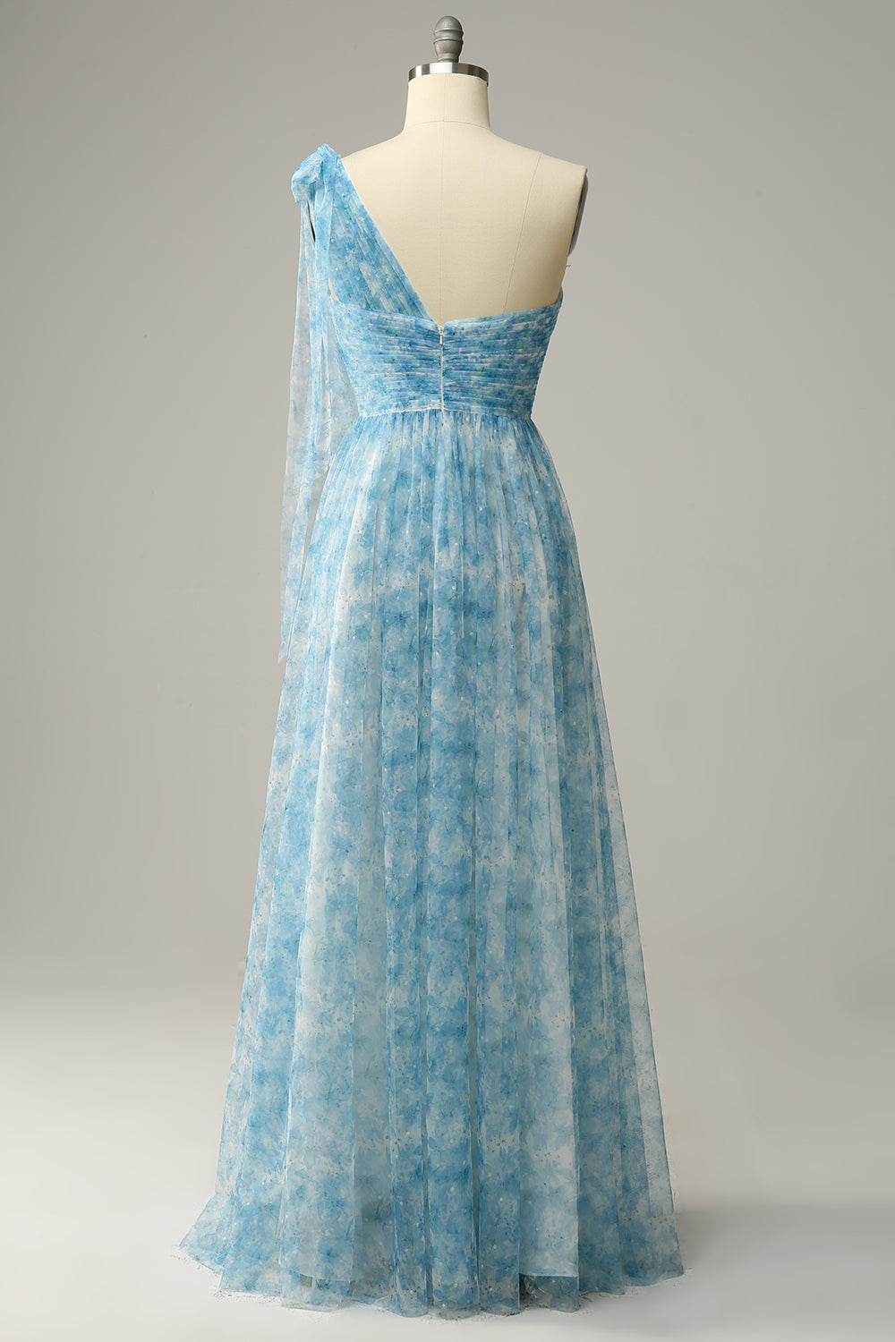 Red A Line One Shoulder Floor Length Print Tulle Bridesmaid Dress