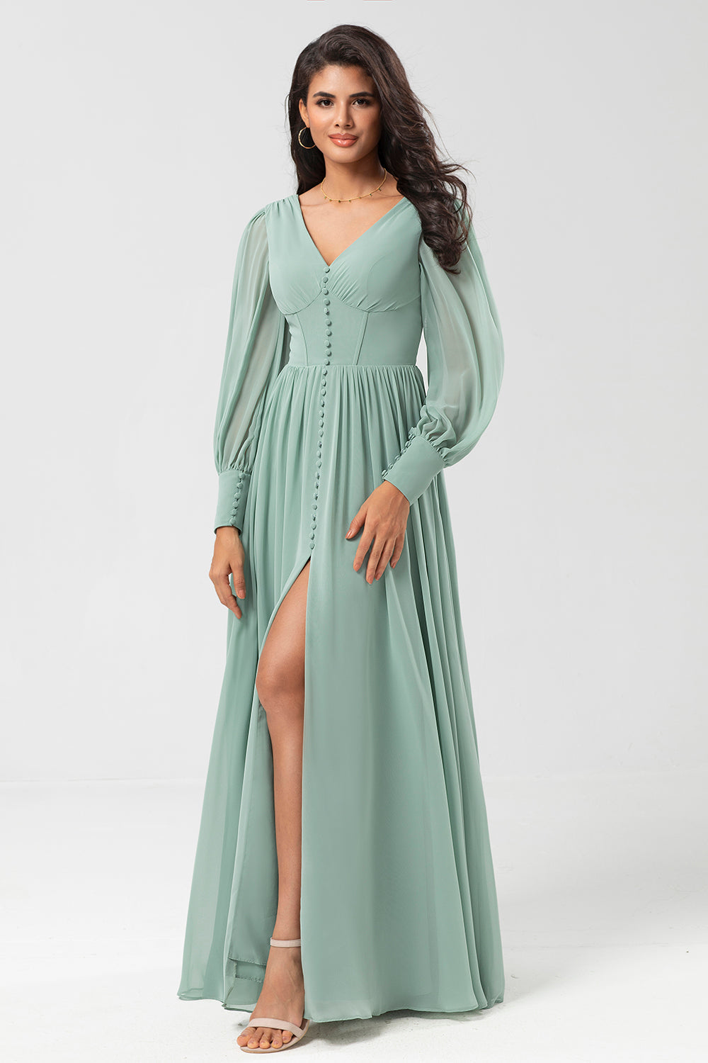 Matcha A Line Chiffon Ruffles Long Bridesmaid Dress with Slit