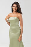 Dusty Sage Mermaid Strapless Floor-Length Satin Bridesmaid Dress