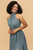 Grey Halter Ruched Long Chiffon Bridesmaid Dress with Slit