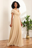 Champagne A Line Long Chiffon Bridesmaid Dress with Cap Sleeves