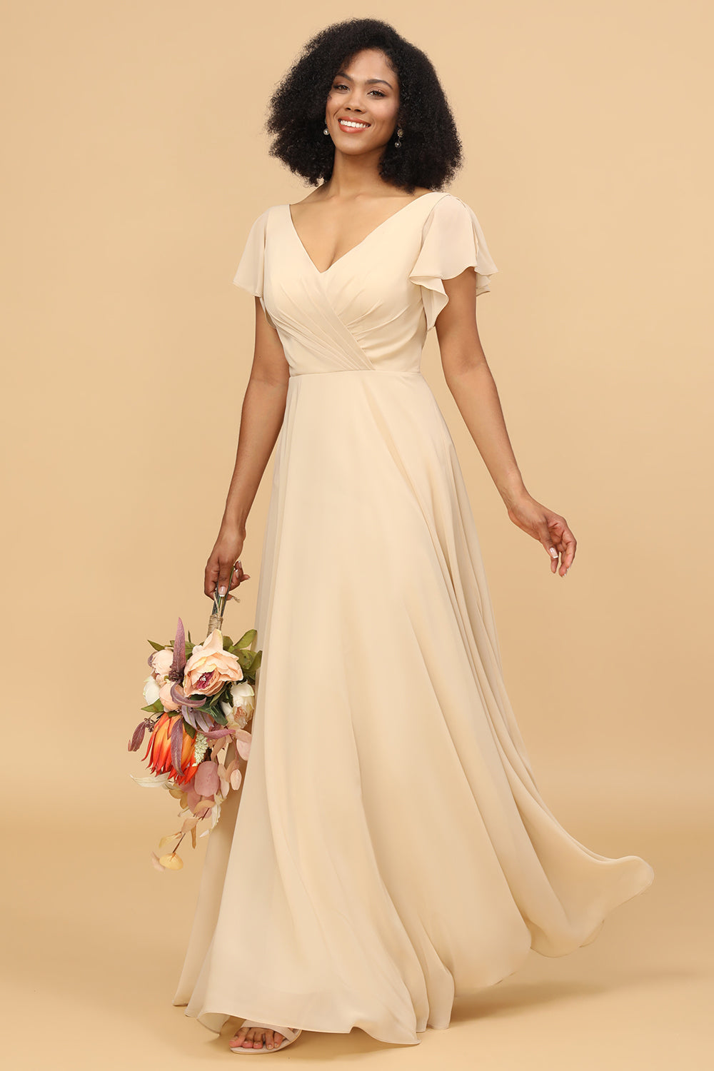 Champagne A Line Long Chiffon Bridesmaid Dress with Cap Sleeves
