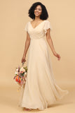 Champagne A Line Long Chiffon Bridesmaid Dress with Cap Sleeves