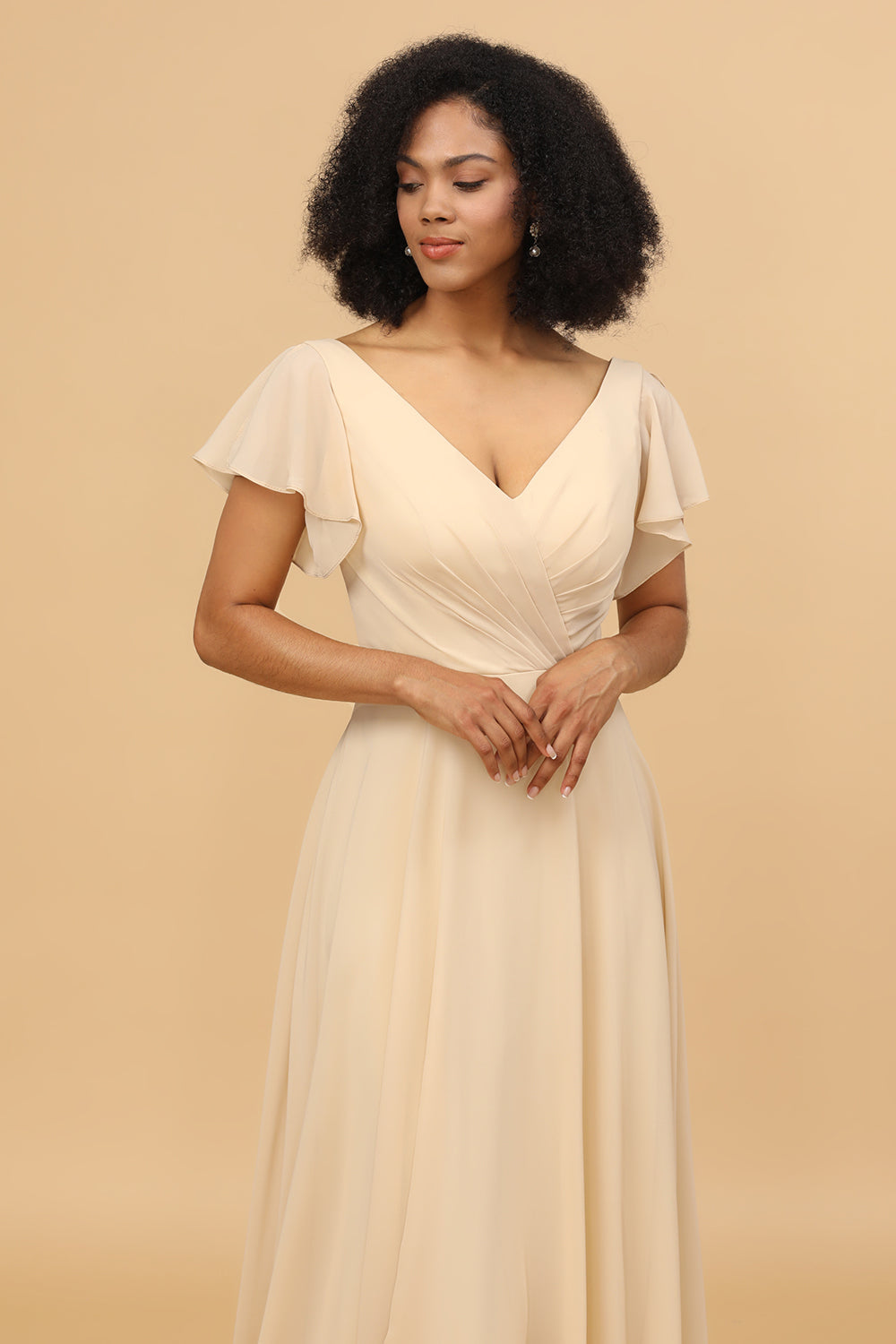 Champagne A Line Long Chiffon Bridesmaid Dress with Cap Sleeves