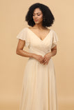 Champagne A Line Long Chiffon Bridesmaid Dress with Cap Sleeves