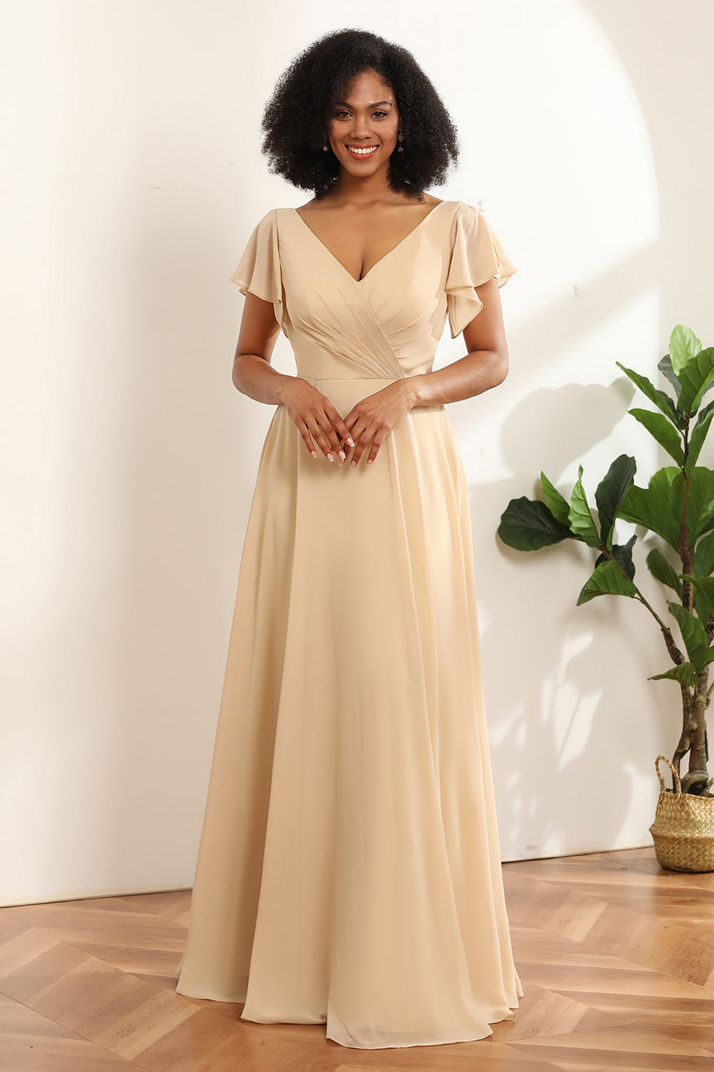 Champagne A Line Long Chiffon Bridesmaid Dress with Cap Sleeves