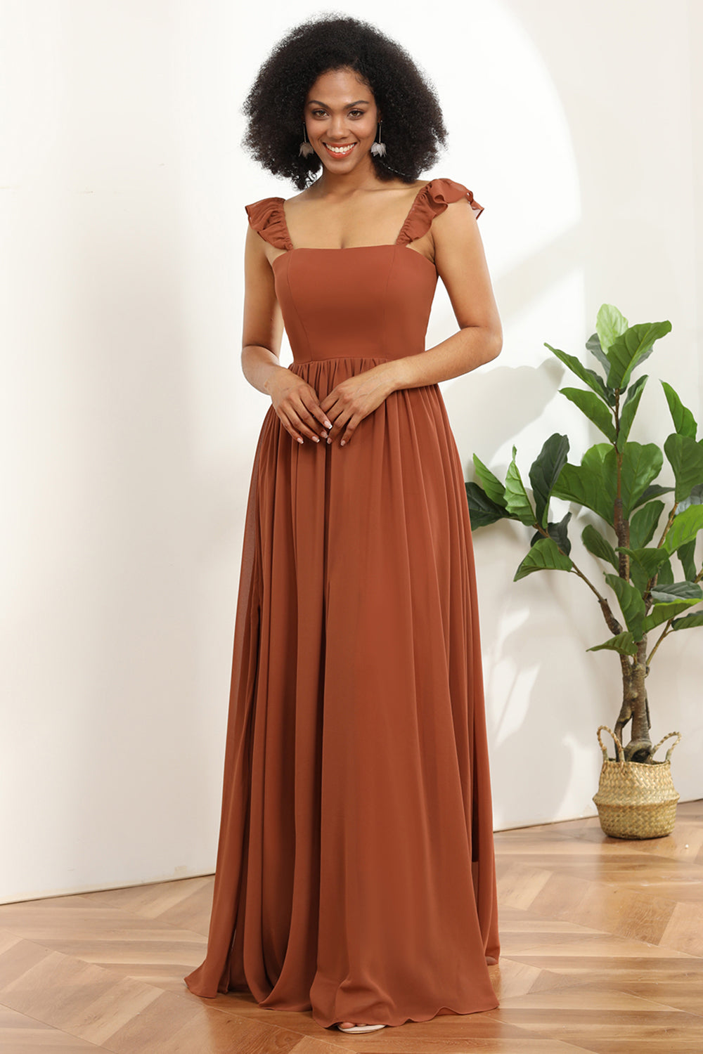 Terracotta A-Line Floor Length Chiffon Bridesmaid Dress with Ruffles