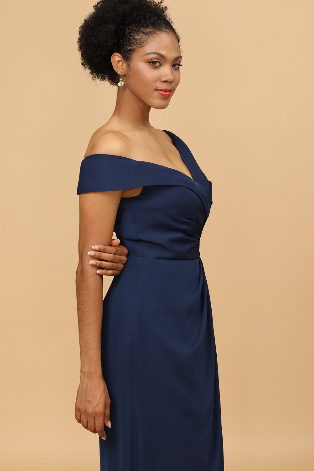 Navy Sheath/Column Off The Shoulder Satin Bridesmaid Dress