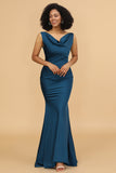 Ink Blue Mermaid Cowl Neck Long Satin Bridesmaid Dress