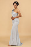 Grey Mermaid One Shoulder Satin Bridesmaid Dress with Bowknot