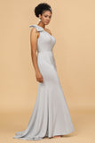 Grey Mermaid One Shoulder Satin Bridesmaid Dress with Bowknot