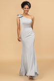 Grey Mermaid One Shoulder Satin Bridesmaid Dress with Bowknot