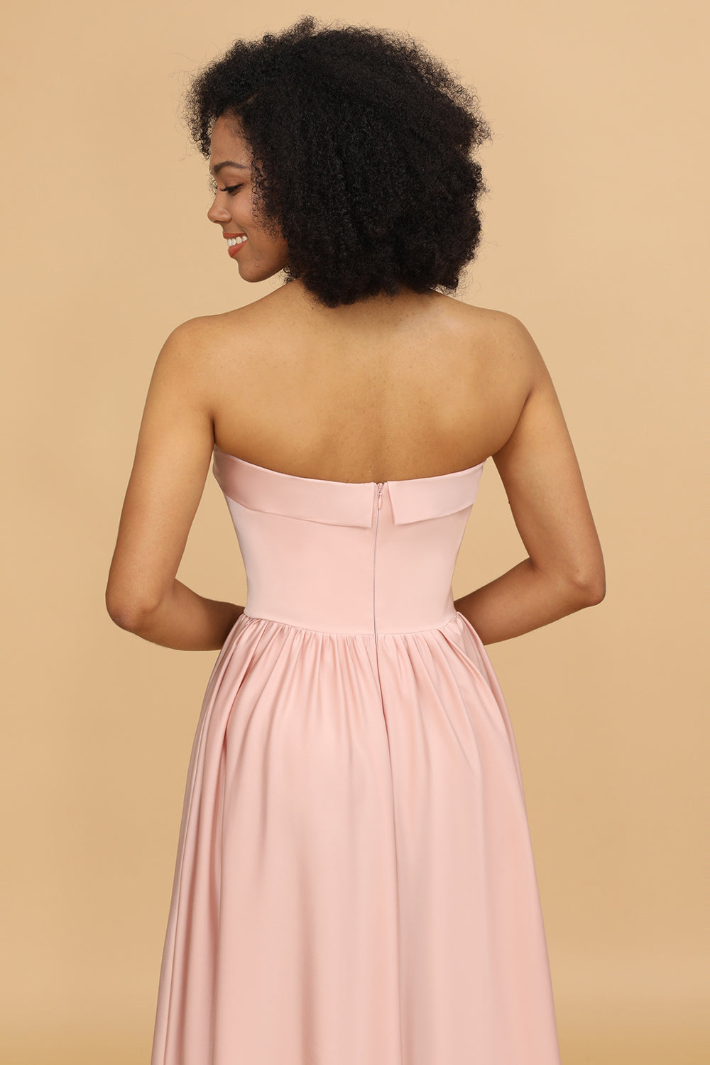 Blush Pink A Line Strapless Satin Long Bridesmaid Dress