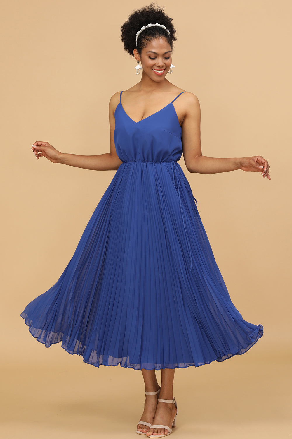 Royal Blue A Line Spaghetti Straps Tea Length Chiffon Bridesmaid Dress