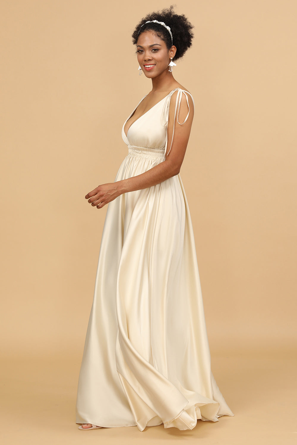 Ivory A Line Deep V-Neck Backless Long Bridesmaid Dress