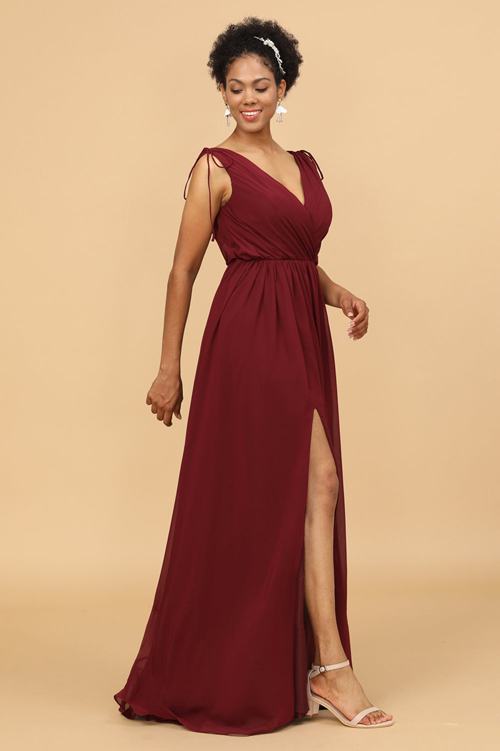 Burgundy V-Neck Ruched Long Chiffon Bridesmaid Dress