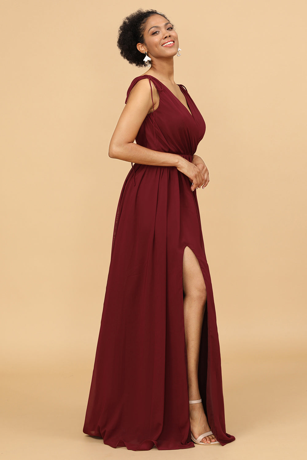 Burgundy V-Neck Ruched Long Chiffon Bridesmaid Dress