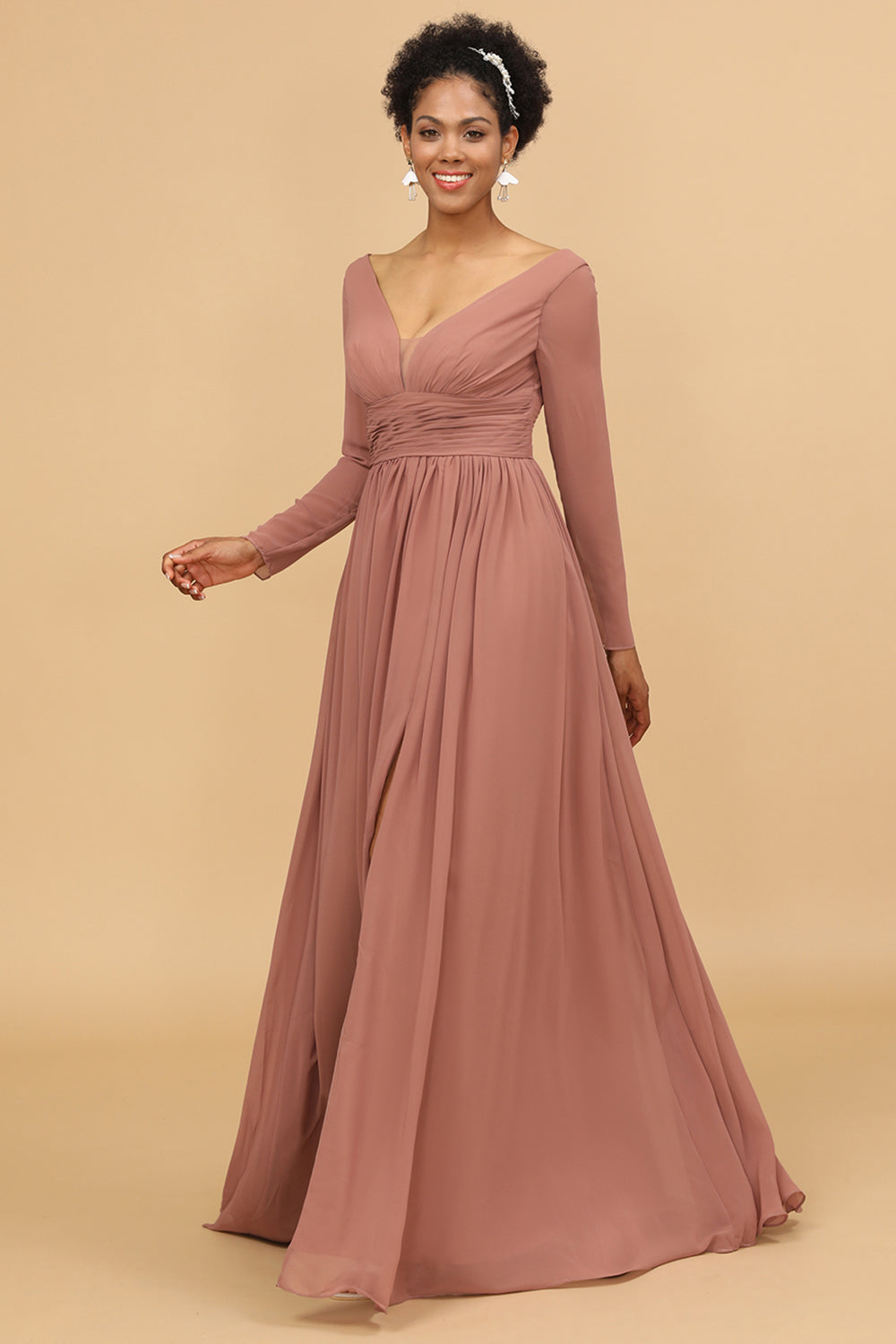 Blush V-Neck Long Sleeves Chiffon Bridesmaid Dress with Slit