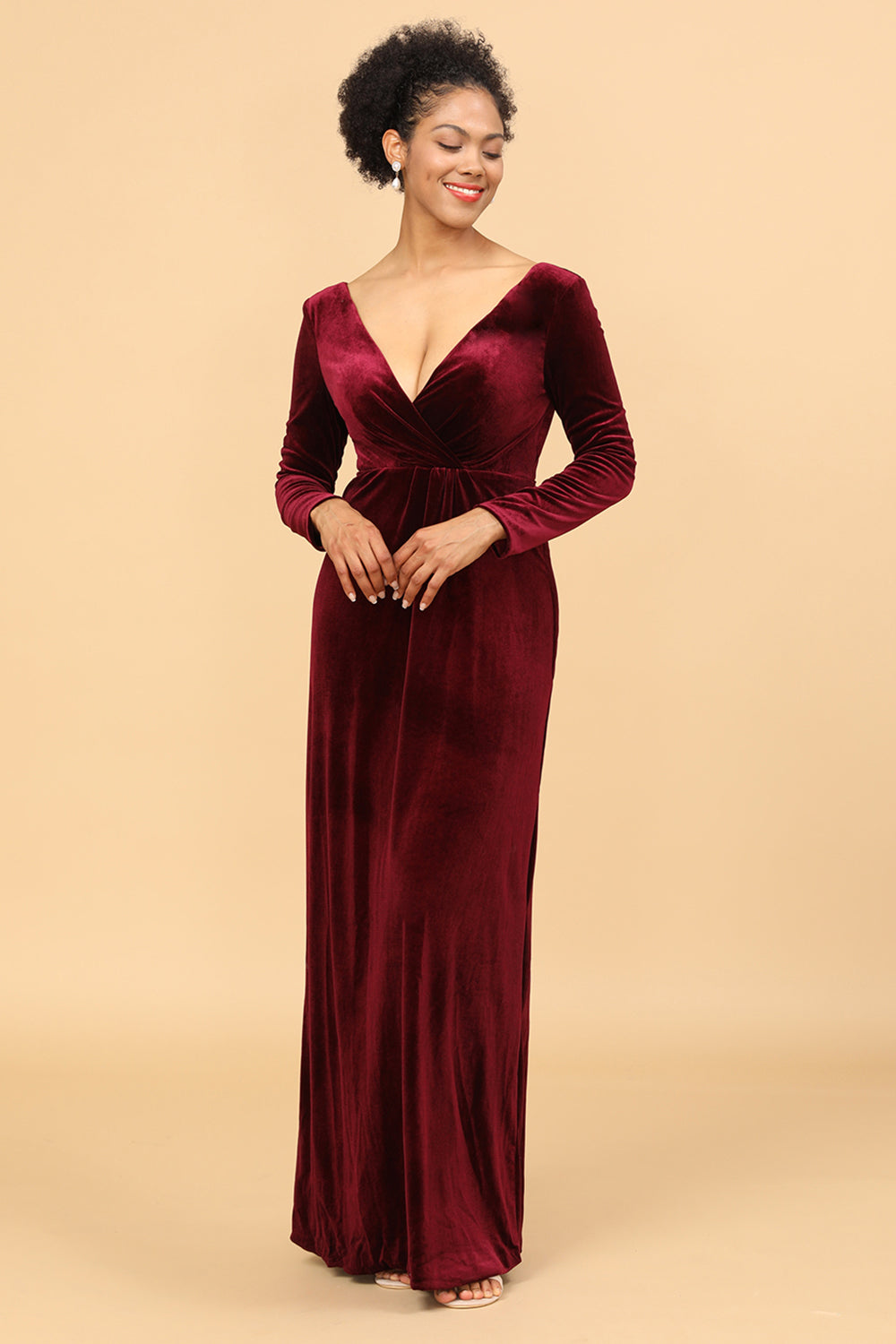 Burgundy Sheath Deep V-Neck Floor Length Velvet Bridesmaid Dress