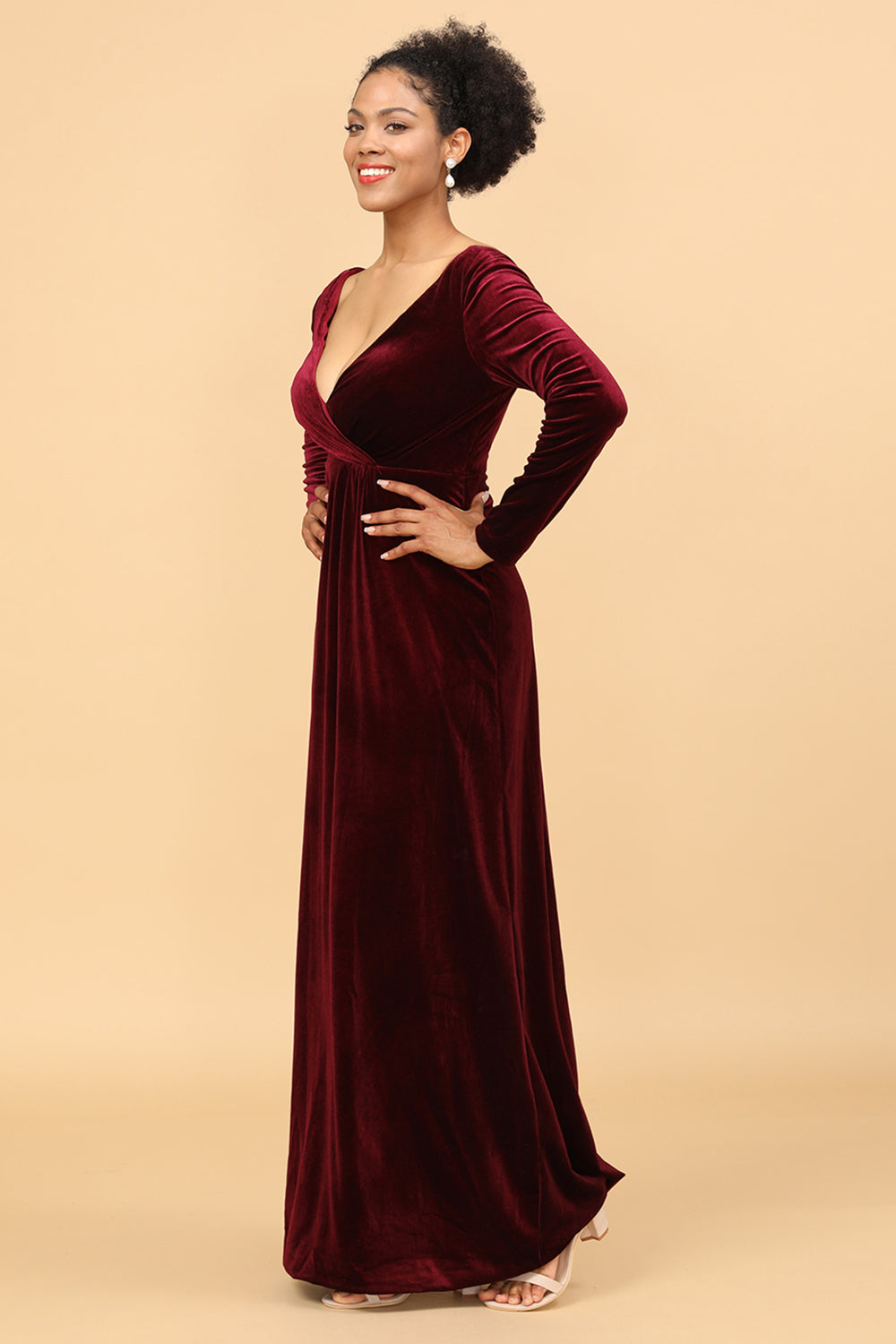 Burgundy Sheath Deep V-Neck Floor Length Velvet Bridesmaid Dress
