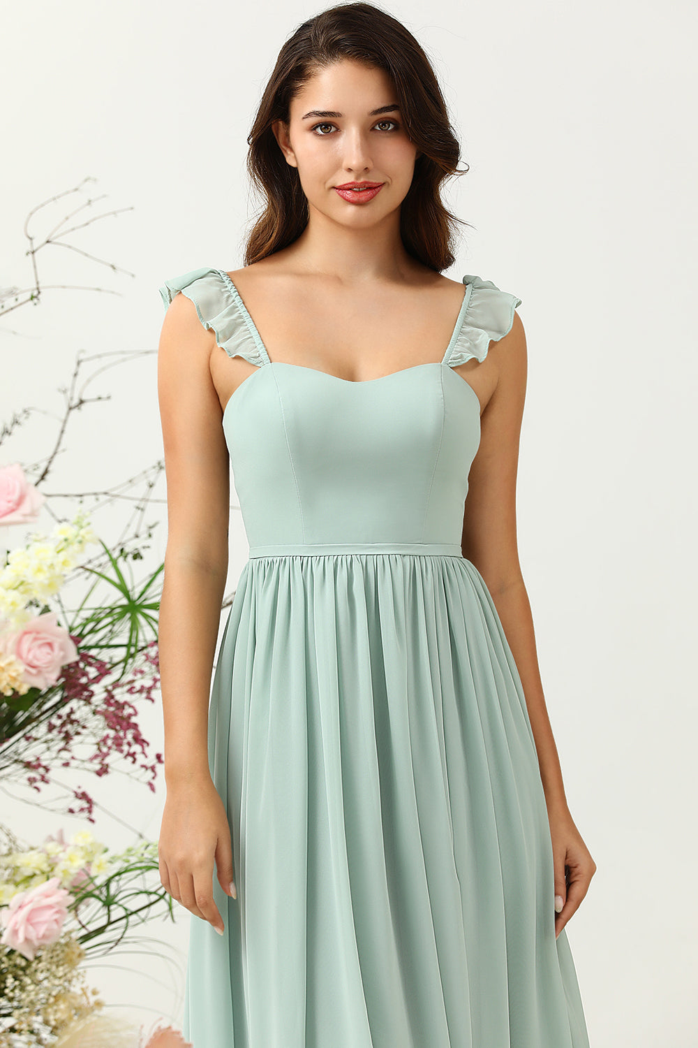 Dusty Sage A Line Spaghetti Straps Chiffon Bridesmaid Dress with Ruffles
