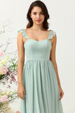 Dusty Sage A Line Spaghetti Straps Chiffon Bridesmaid Dress with Ruffles