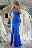Glitter Royal Blue Mermaid Long Prom Dress With Slit