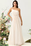 Light Pink A Line One Shoulder Chiffon Bridesmaid Dress with Ruffles